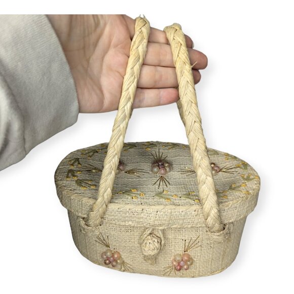 Vintage Woven Fabric Oval Handbag with Floral Accents - Picture 1 of 13